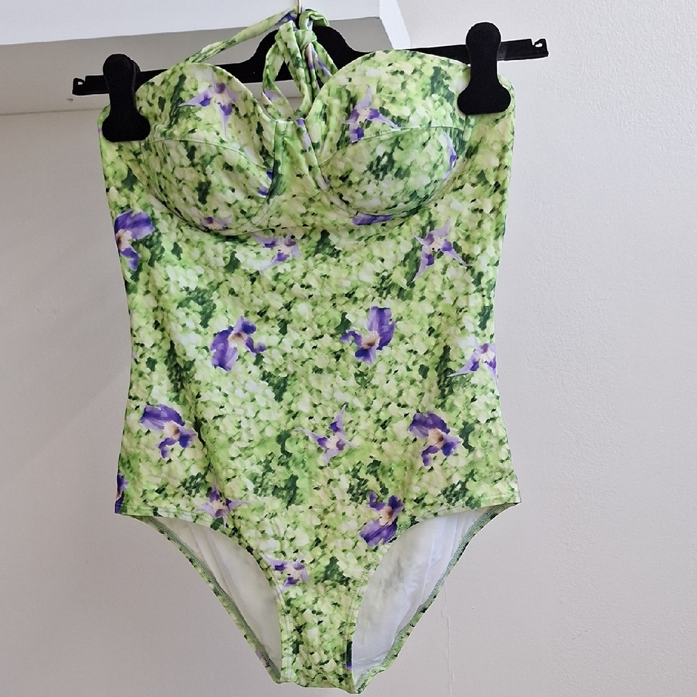 Oscar de la Renta Green and Purple Floral One Piece Swimsuit